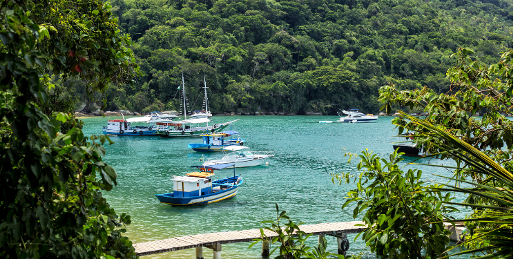 Fotografia de uma enseada em Angra dos Reis, com diversos barcos ancorados em água azul turquesa, um deck de madeira em primeiro plano e a Mata Atlântica verdejante cobrindo as montanhas ao fundo.