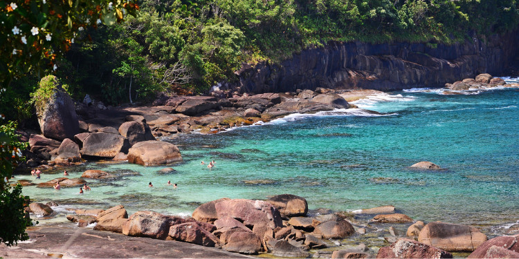 Vista de uma praia em Ubatuba com água cristalina, pedras grandes, vegetação exuberante e pessoas nadando.
