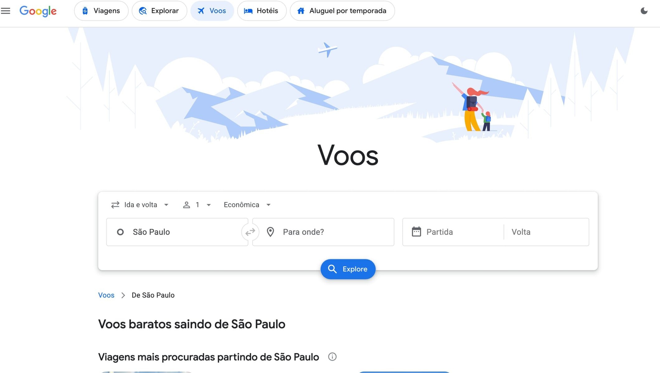 Interface do Google Viagens para encontrar voos, mostrando campos de busca e opções de viagem.