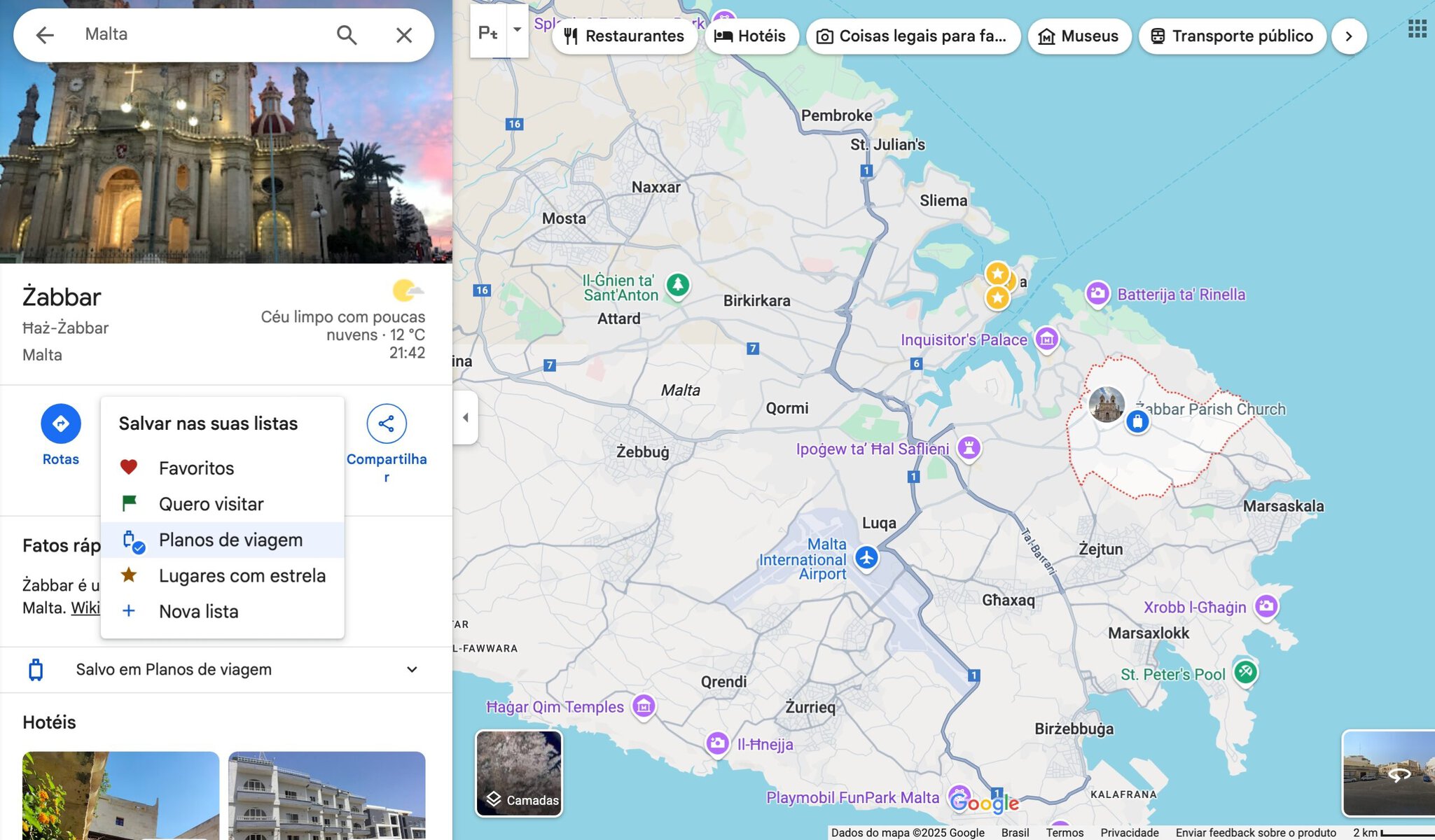 Interface do Google Maps com mapa de Malta e opções de restaurantes, hotéis e transporte público.