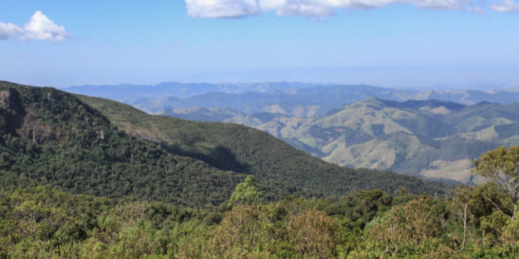 Vista panorâmica de montanhas em Monte Verde, com floresta densa e céu claro.