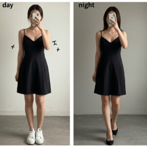 Colagem com um vestido preto usado em dois estilos: casual com tênis e formal com salto alto. Ícones de sol e lua representam dia e noite.