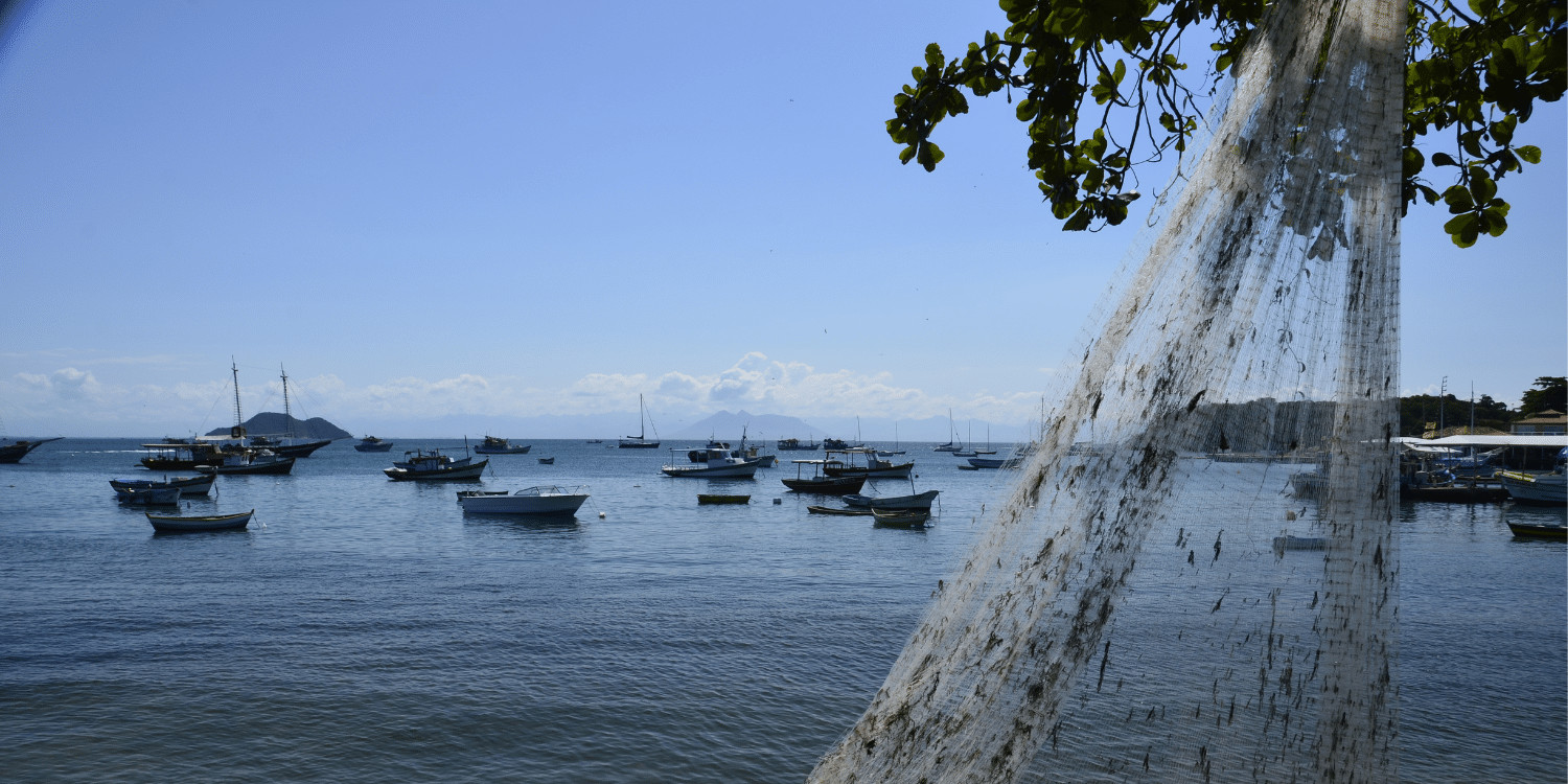 Fotografia da Baía de Búzios, Brasil, com vários barcos de pesca ancorados na água calma. Uma rede de pesca branca e desgastada está pendurada em primeiro plano, parcialmente obscurecendo a vista.
