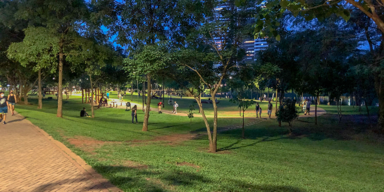 Uma vista noturna do Parque Flamboyant em Goiânia, com áreas gramadas iluminadas, árvores escuras em contraste com a luz, pessoas caminhando e socializando, e edifícios altos visíveis ao fundo.